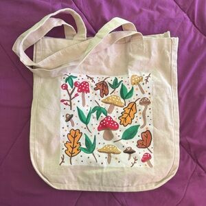 Hand Painted Canvas Tote Bag with Mushroom and Leaf Design